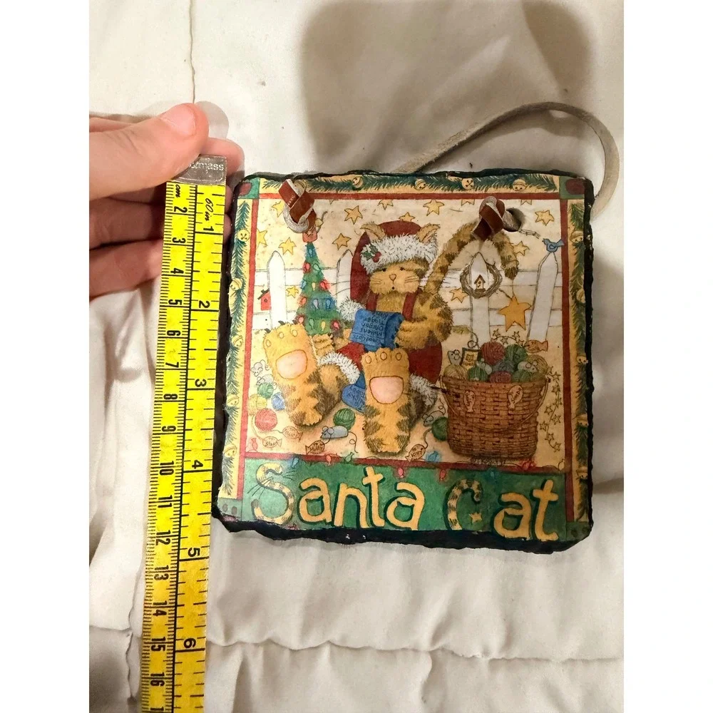 Teresa Kogut Santa Cat Christmas Slate Wall Hanging Evergreen Folk Art Decor 5in